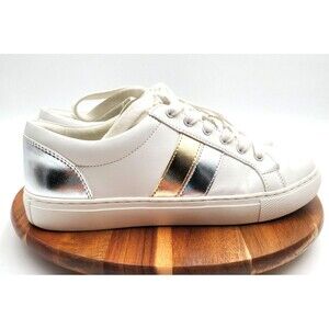 J Crew Road Trip Sneaker Women's 8 White Silver Gold Stripe Casual Comfort Skate